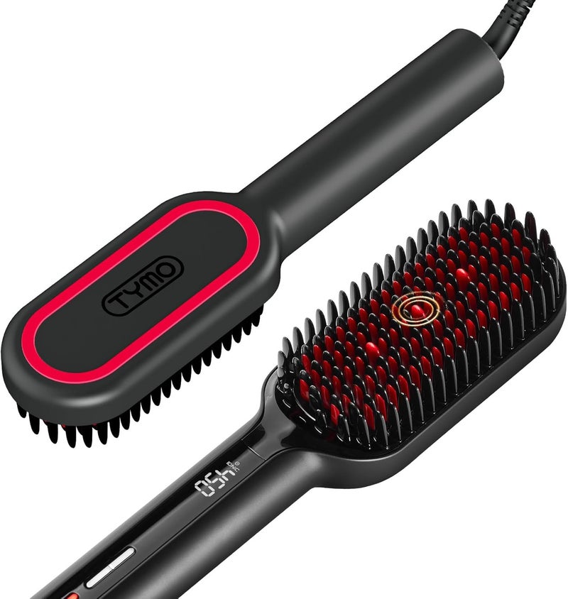 TYMO Hair Straightener Brush - Upgraded Ionic Plus Straightening Brush with Dense Bristles, 16 Temps, Dual Voltage | Ceramic Hot Comb for Women | Flat Iron for Thick Curly Hair, Black - Image 1